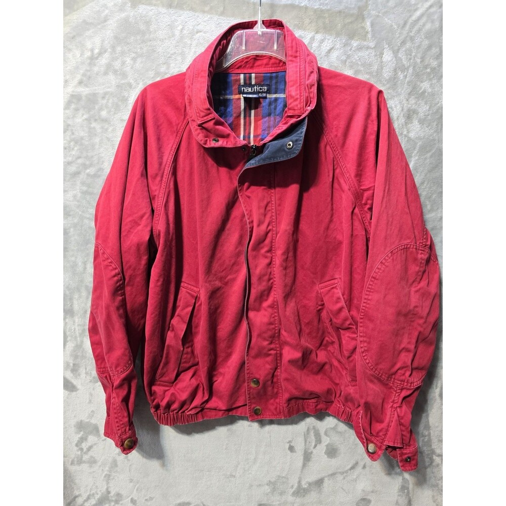 Vintage Nautica Yachting Barn Chore Jacket Coat Red XL Hidden Hood 90s Pockets